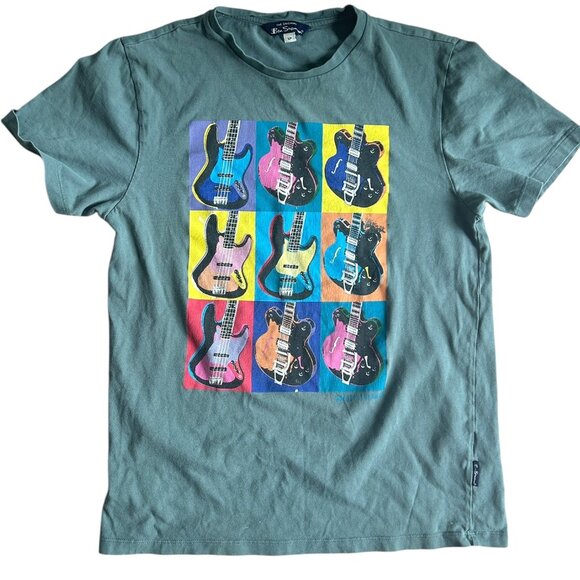 Ben Sherman Andy Warhol Guitar Graphic T-Shirt Sz S Blue Green Faded Tee Neon - Picture 1 of 5